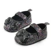 Avrntaa Baby Girl First Shoes - Toddler Mary Jane Flats Non Slip Rubber Sole with Bownot Black Shoes Size 5Toddler